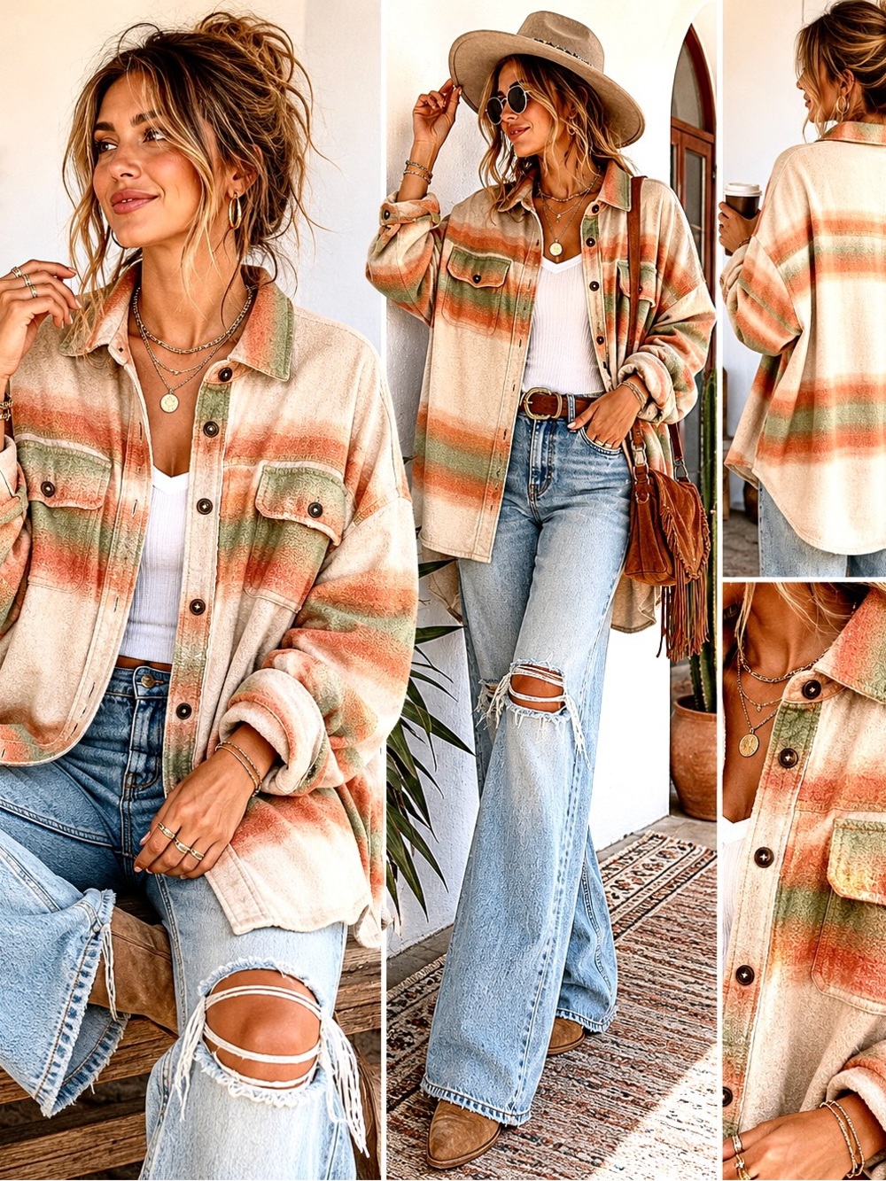Free People Earth Tones Striped Ruby Soft Distressed Button Down Shacket Size L - Picture 2 of 10